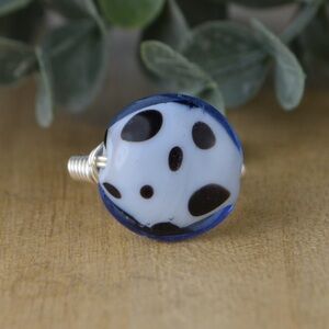 Blue Black Glass Bead Ring Sterling Silver Adjustable Artisan Polka Dot Size 6.5